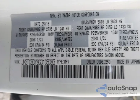 2016 Mazda Cx-9 Grand Touring z USA, uszkodzony, nr VIN JM3TCBDY8G0106083